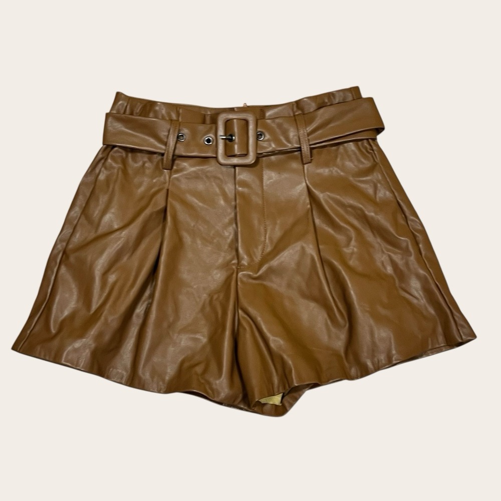 Dee Dee Camel Brown Faux Leather Shorts S Belted High Waist Pleated Night‎ Out